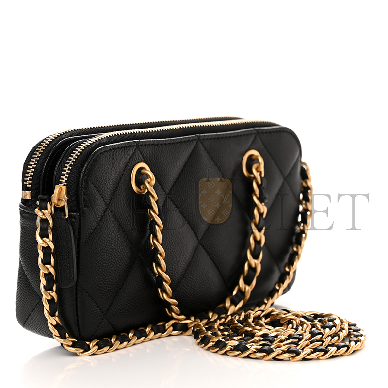 CHANEL CAVIAR QUILTED TOP HANDLE PHONE HOLDER WITH CHAIN BLACK AP3495 (18*11*4cm)